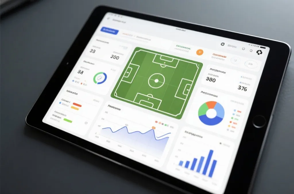 A modern sports analytics dashboard displaying generic soccer statistics, tactical charts, and performance graphs on a tablet screen, professional look